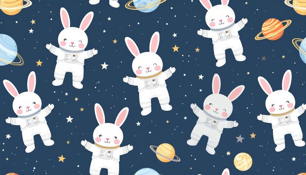 Adorable astronaut bunnies floating among colorful planets and stars in a whimsical space adventure pattern for kids apparel and playful designs - Powered by Adobe