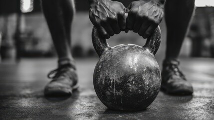 High detail black and white capture of an athlete gripping a kettlebell during an intense training session in a gym environment