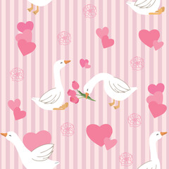 Cute seamless pattern of cartoon geese holding tulips bouquet and hearts. Perfect for Valentine's Day card, textile, wrapping paper