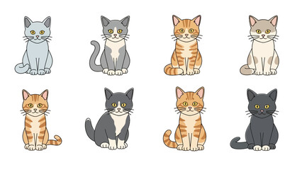 Fototapeta premium Collection of adorable cartoon cats in various colors and patterns sitting elegantly