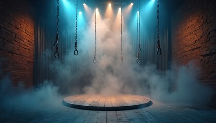 Empty stage with bright spotlights illuminates dense smoke. Blue, orange light fills air. Round wooden platform sits on dark wooden floor. Grungy brick wall on left, industrial background right.