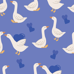 Happy Valentines day seamless pattern vector illustration with geese. Goose couple on violet background. Vector illustration	
