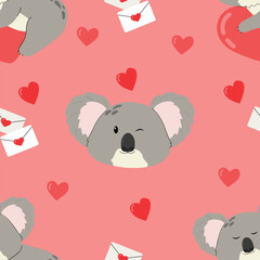 Seamless pattern with cartoon kawaii cute koala face and hearts. Red pattern for textile, wallpaper, wrapping paper.