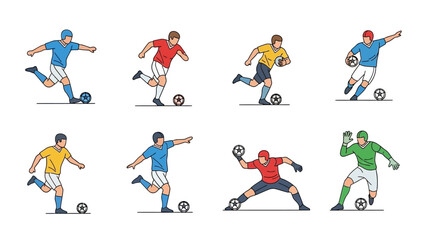 Fototapeta premium Collection of illustrated soccer player poses, including kicking, goalkeeping and action shots