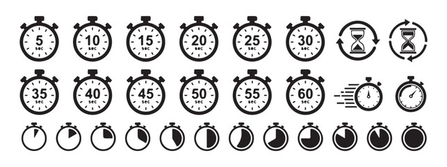 Set of stopwatch timer icons displaying specific second intervals and hourglass symbols with rotation