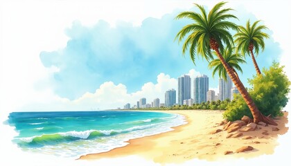 Watercolor painting of sunny beach with palm trees, city buildings. Turquoise ocean waves gently wash onto golden sand shore under bright blue sky with white clouds. Shows tropical vacation paradise.