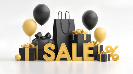 Set of Black Friday clipart elements such as the word SALE percent sign gift box balloon black shopping bag price tag fire isolated 3d rendering with white background Stock Illustration 