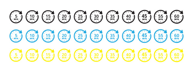 Collection of minute timer icons in various colors showing countdown intervals from 5 to 60 minutes