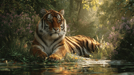 A majestic Bengal tiger resting on a sunlit riverbank surrounded by lush green forest with vibrant colors and ultra-realistic details