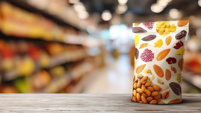 Mixed nuts bag on wooden surface