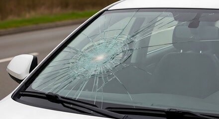 Obraz premium A cracked windshield shows radial fractures and a central impact point.