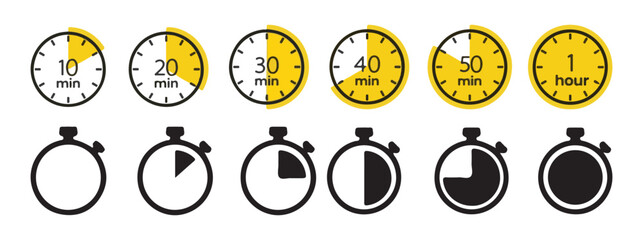 set of timer icons showing different time intervals from 10 minutes to 1 hour vector illustration
