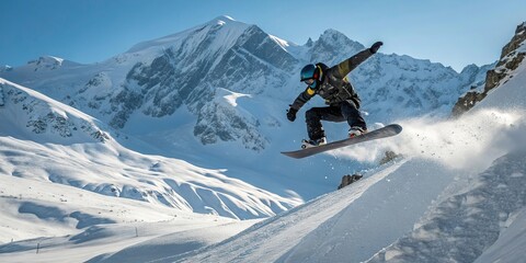 Snowboarder jumping off snowy slope in alpine mountain landscape.