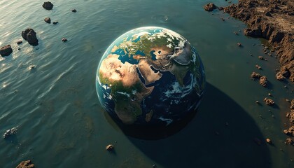 Fototapeta premium Planet earth floats in dark polluted water near dry land. Planet earth sinks in oily water. Earths future endangered. Planet earth faces crisis.