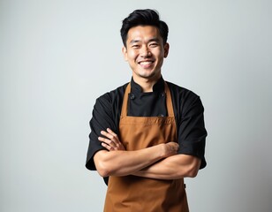 Smiling man in black chef uniform and brown apron poses with crossed arms. He looks pro and confident in kitchen setting. Asian culinary worker.