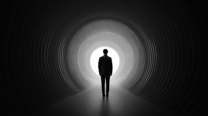 Obraz premium Man in a suit standing at the end of a bright tunnel