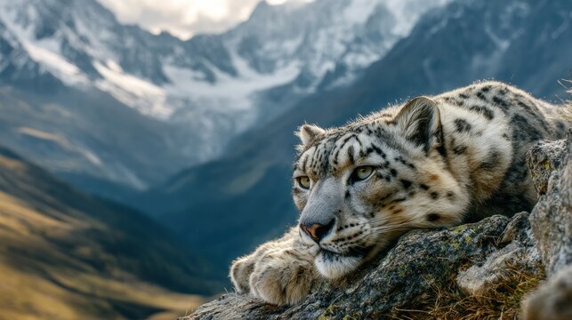 Snow leopard on mountain summit
