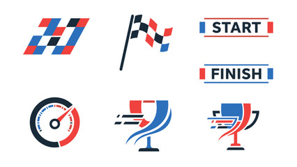 Set of racing and competition icons including checkered flags, start/finish banners, speedometer, and trophies in red and blue.