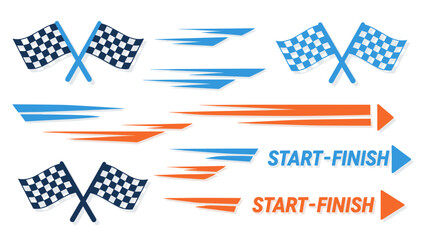 A collection of racing elements including checkered flags, speed lines, and start-finish arrows in blue and orange.