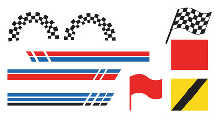 Collection of racing graphics including checkered flags, finish line arches, and car racing stripes in red, blue, and white.