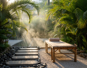 ​A tranquil massage bed set in a lush tropical garden with palm trees. Soft mist rises in the golden sunlight, creating a serene and luxurious wellness atmosphere.
