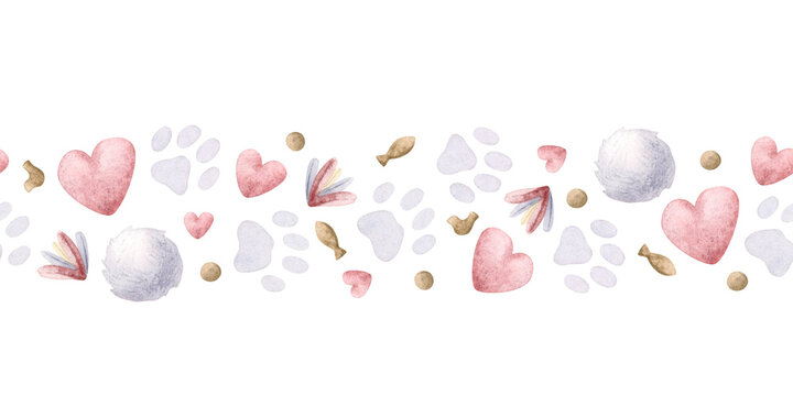 Cat lovers watercolor seamless border with pompom balls, feathers paw prints, hearts and food pieces. Cute pastel pink and purple repeat banner for pet shops