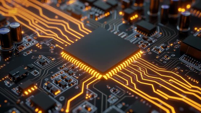 Close up view of a dark circuit board with a central chip and glowing orange pathways and components