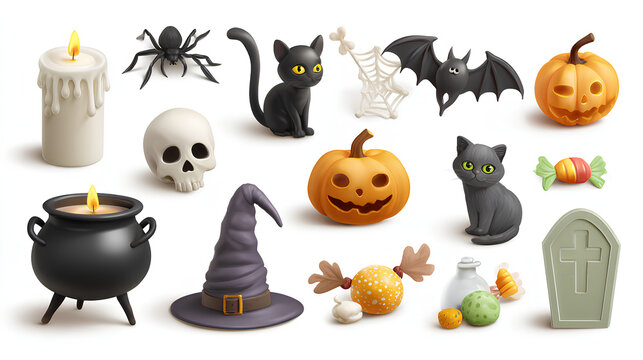 Set of Halloween clipart elements such as bat cobweb spider cat candle candy pumpkin cauldron ghost witch hat skull and coffin isolated 3d rendering with white background Stock Illustration 