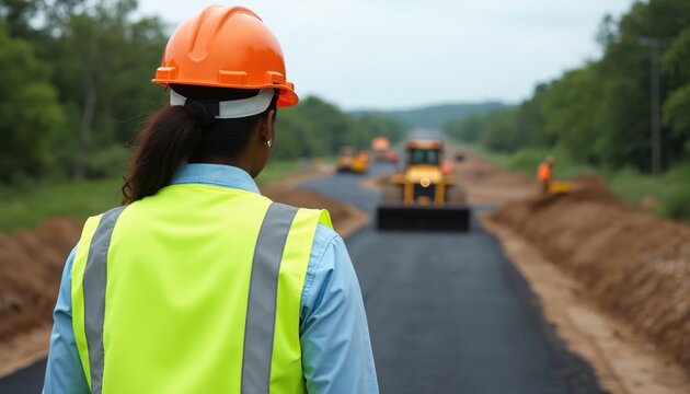 Black female construction worker oversees road paving operation. She wears hard hat and safety vest on site. Machinery works on new road construction. Infrastructure development and civil engineering.