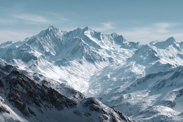 Obraz premium Panoramic view showcases vast snow-covered mountain range under a clear sky with rugged peaks and serene valleys