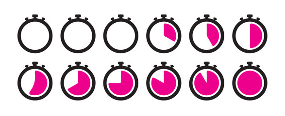 Stopwatch timer icons set displaying various percentages of completion countdown elapsed time progress