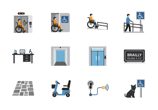 A grid of twelve icons illustrating accessibility features and aids