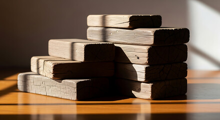 Gradually ascending stack of rustic wooden blocks, symbolizing foundational progress and structured innovation for future endeavors