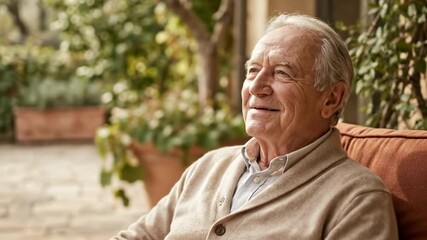 happy retirement - An elderly man enjoys a serene moment on a comfortable patio chair, surrounded by lush greenery and potted plants, as he reads a book in a tranquil garden setting