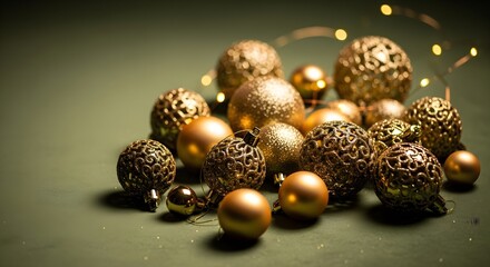 A collection of golden Christmas ornaments and string lights are arranged on a green surface.