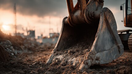 Excavator bucket digging into soil at construction site during sunset near city skyline