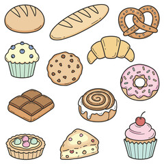 Colorful doodle collection of sweet pastry, bread, and dessert items isolated on a white background