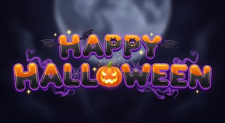 Festive Halloween text with spooky elements, bats, and a full moon.