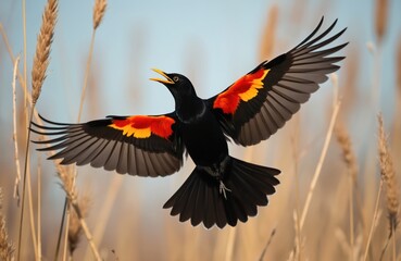 Obraz premium Blackbird in flight with open wings. Bright red and yellow markings on wings seen. Beautiful bird in natural habitat. Flying wings birding illustration. Nature and wildlife concept.