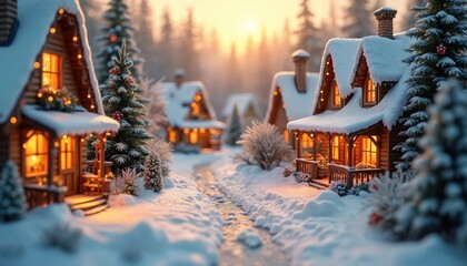 Cozy winter village with snow covered cabins, warm lights glowing from windows. Festive pine trees decorated with lights line snowy path. Evening sunset creates magical, serene atmosphere.