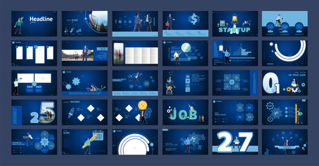 Business presentation, powerpoint, launch of new business project. Infographic design template, blue elements, blue background, set. Team of people create business, teamwork, app. Vector illustration