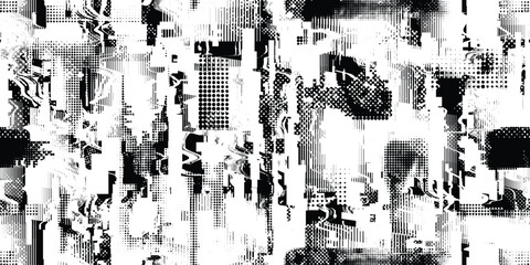 Glitch distorted grungy endless pattern . Cyber punk seamless pattern texture. Textured futuristic background . Glitched shapes with dots and lines .Screen print repeating pattern texture