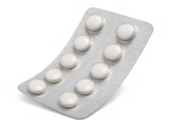 Blister pack containing ten round white pills, representing medicine for healthcare, pharmacy, and medical treatment on transparent background