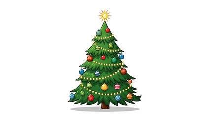 Fototapeta premium A festive illustration of a decorated Christmas tree with ornaments, lights, and a star topper. Perfect for holiday cards, seasonal designs, winter celebrations, and Christmas-themed projects.