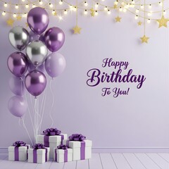 Happy Birthday Celebration with Balloons, Gifts, and String Lights on Light Purple Background Festive, Decorative, Joyful, and Modern