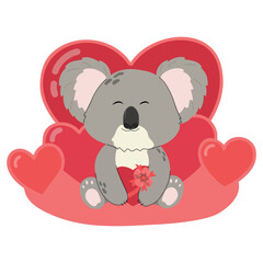 Cute cartoon koala bear is hugging a red heart shape. Valentine's nature scene. Love in the wild.