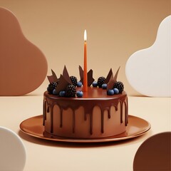 Chocolate Cake with Berries and Candle Celebration Background