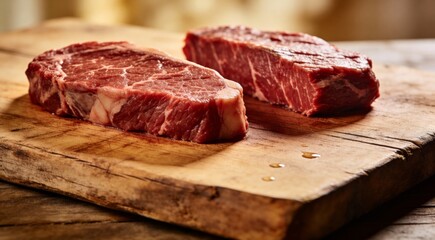 Fototapeta premium Raw New York strip steaks on a wood cutting board.