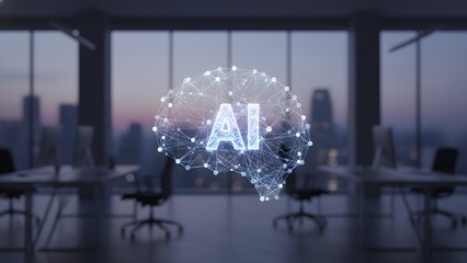 Conceptual neural network depicting artificial intelligence in a modern office setting