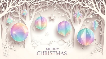 Whimsical winter forest with iridescent christmas ornaments and merry christmas text